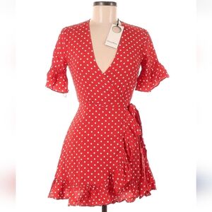 Privacy Please Red and White Polka Dot Mini wrapped Dress